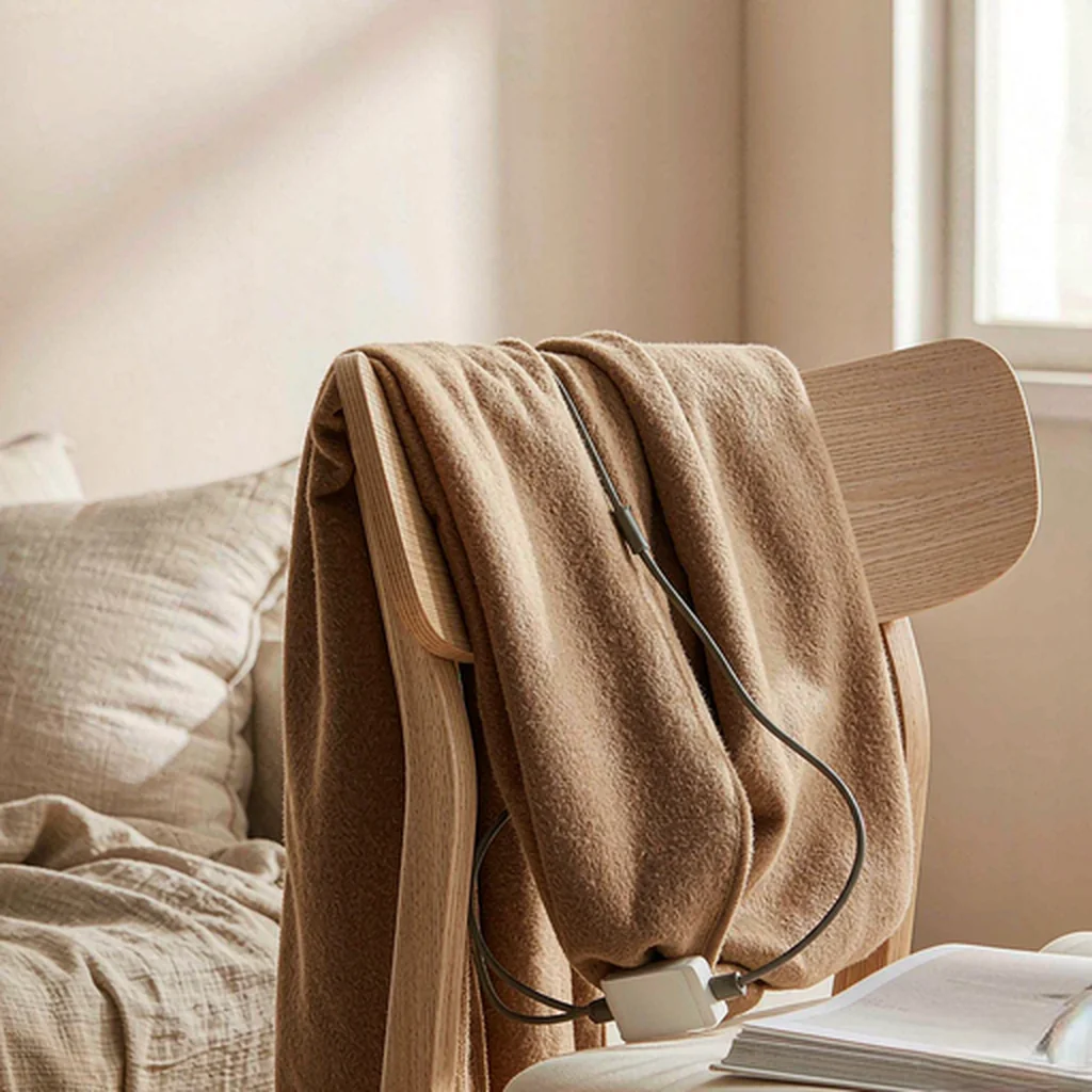 Camel brushed-fleece heated shawl draped over a pale oak chair in a bright study